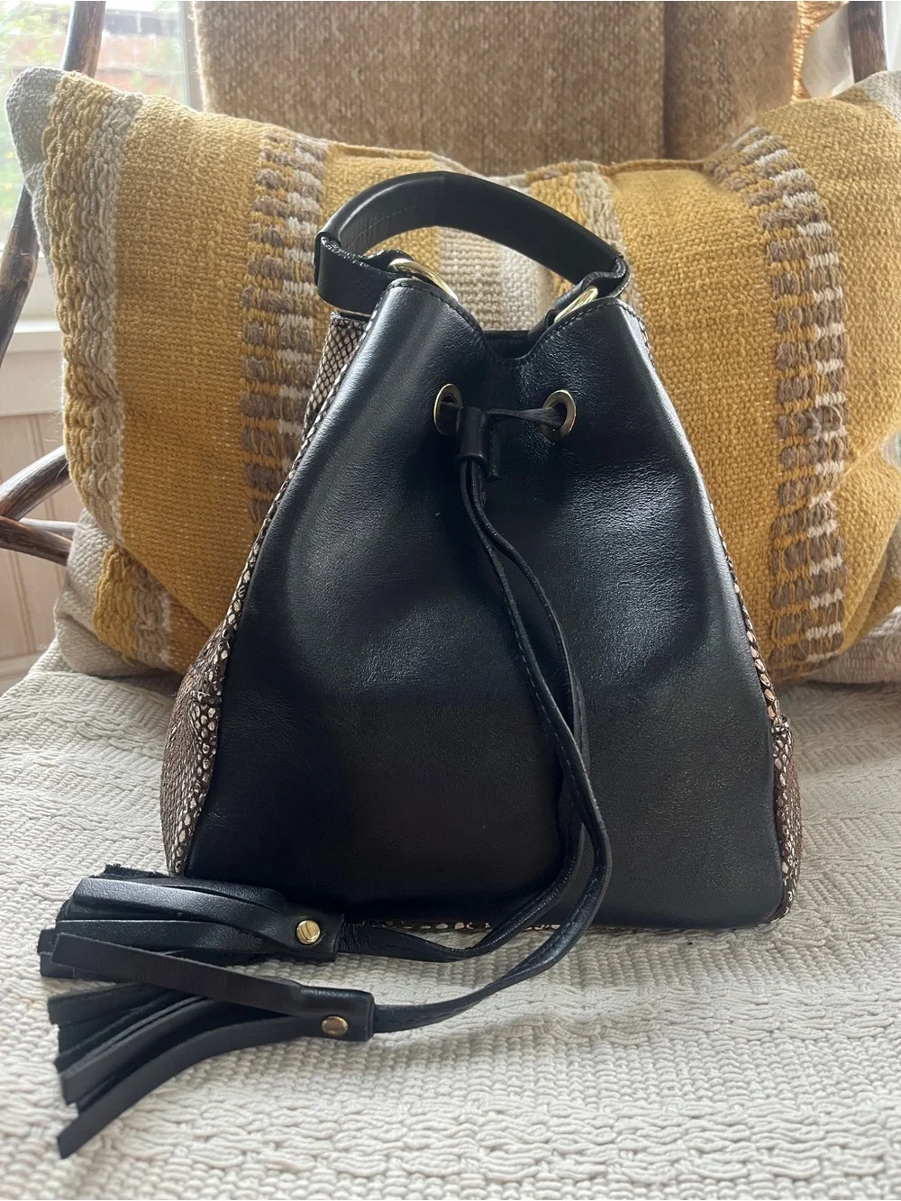 Black Italian Leather Drawstring Satchel with Snake-Print Panels